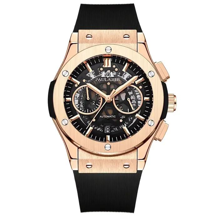 Montre-bracelet automatique de luxe pour homme, chronographe squelette, 45 mm, style titane, or rose