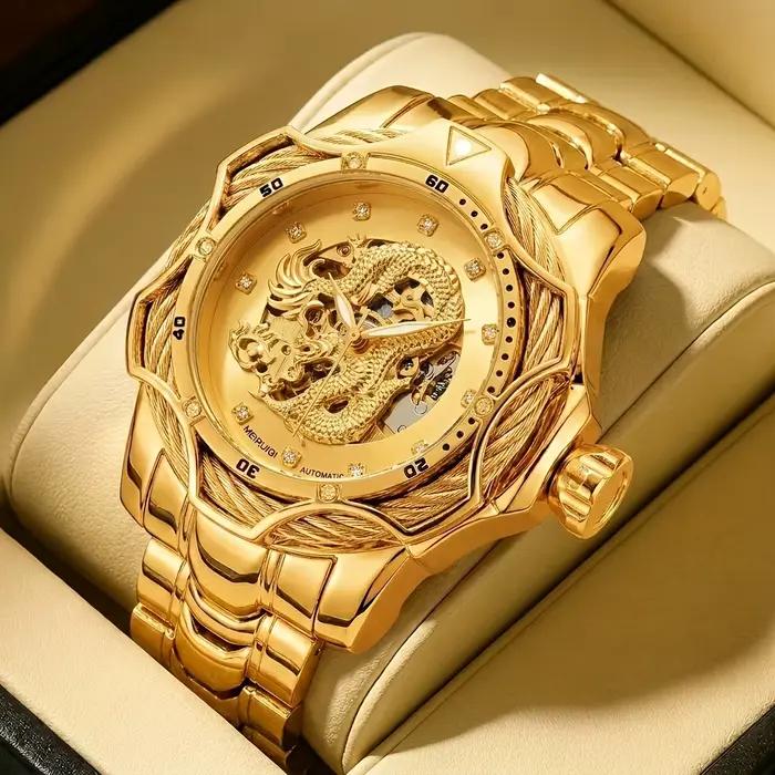 Montre mécanique pour homme, argentée et bleue, tendance, cool, entièrement automatique, avec motif 