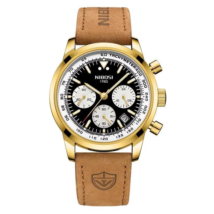 Montre classique NIBOSI pour homme, style rétro, calendrier, aiguilles dorées, montre à quartz autom