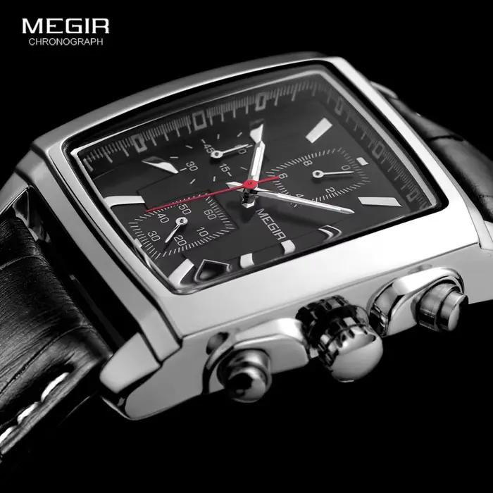 Megir cadran rectangulaire bracelet en cuir Montre pour hommes décontracté bleu chronographe montres