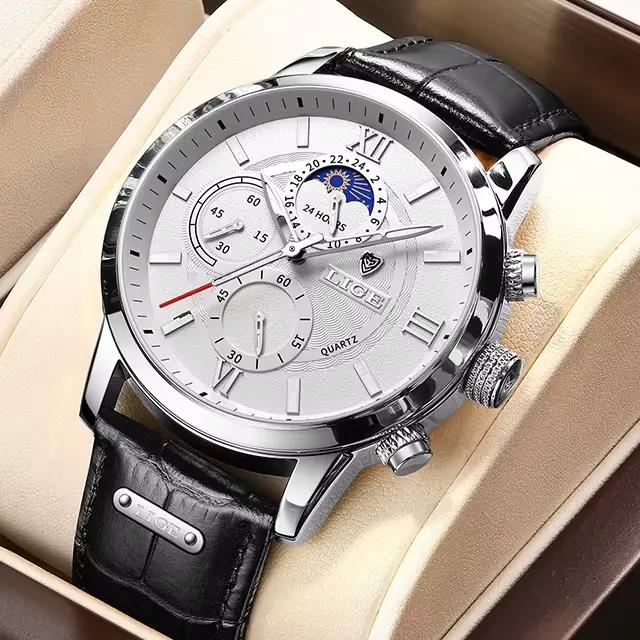 Montre Homme LIGE 2026 – Marque de Luxe, Décontractée, en Cuir, Phase de Lune 24h, Sportive, Étanche