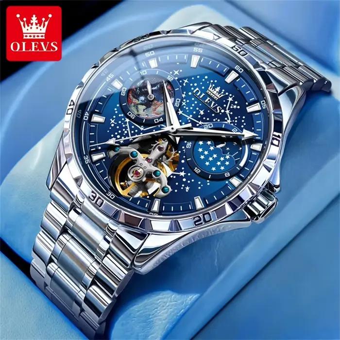 Montre automatique squelette OLEVS pour homme, avec cadran ciel étoilé lumineux, étanche, montre-bra