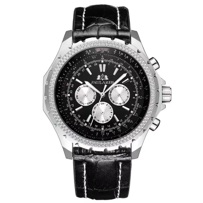 Montre automatique à mouvement mécanique pour homme, noir, marron, bleu, bracelet en cuir, montres d