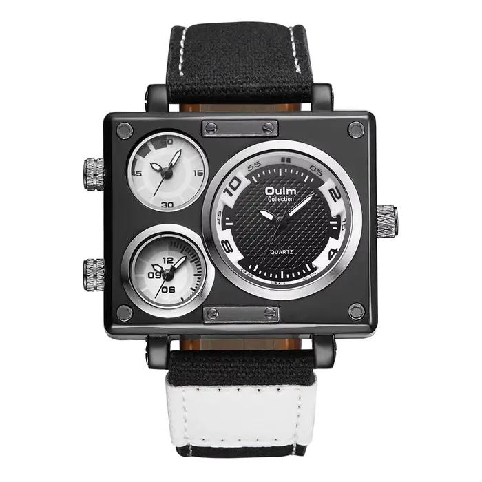 Montre de sport pour homme, quartz, bracelet en cuir marron et bleu, grand format, conceptuelle, bla