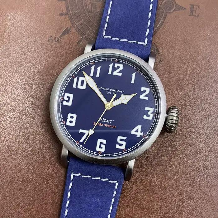 Montre pour homme 45 mm vintage antique couleur or rose titane noir bleu vert armée cuir mat