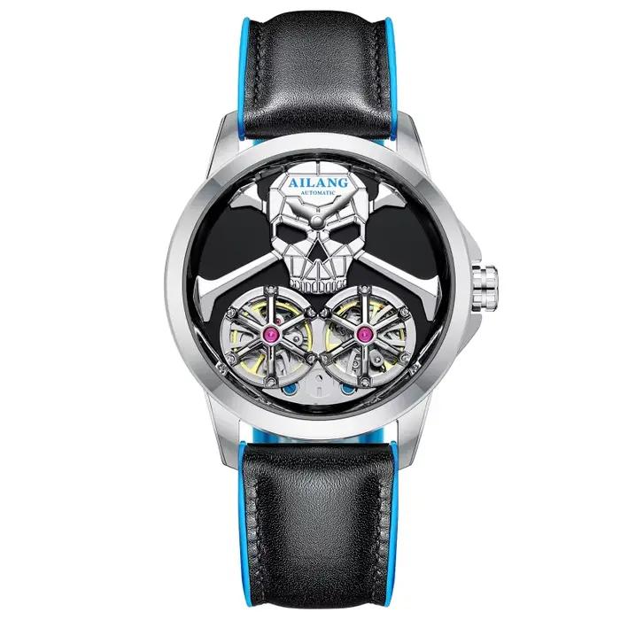 Montre-bracelet automatique mécanique haut de gamme étanche, design punk Steam Skull, double tourbil