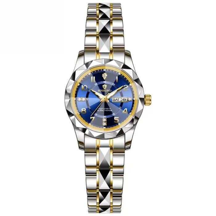Montre pour femme avec cadran bleu, bracelet bicolore, double calendrier, élégante et simple, polyva