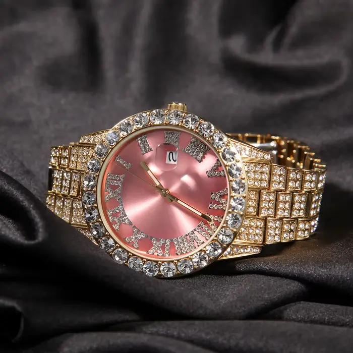 THE BLING KING-Montre à quartz étanche pour homme, grand cadran rose, violet, bleu, glacé, horloge d