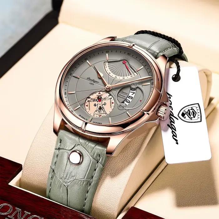 POEDAGAR-Montre-bracelet de sport à grand cadran pour homme, montres à quartz étanches, date en cuir