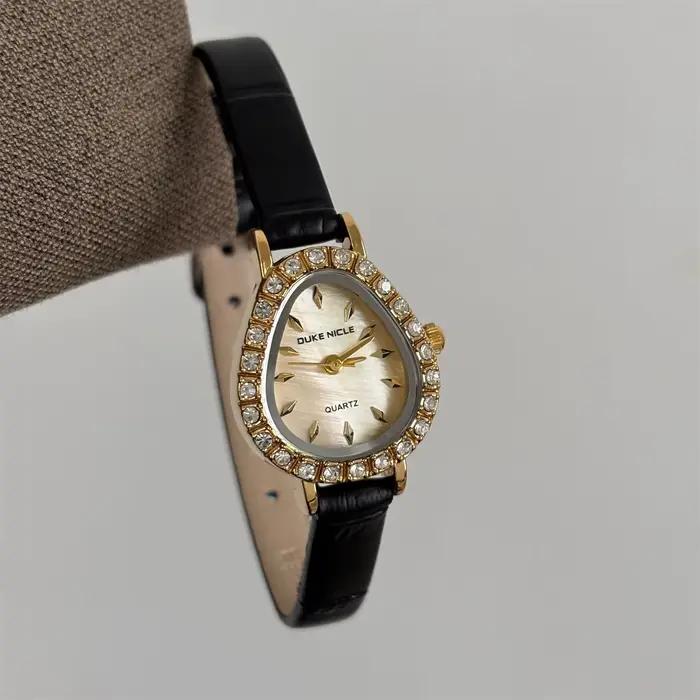 Montre à Quartz de luxe pour femmes, ovale doré, cadran délicat, noir, Vintage, cuir, élégante, mode