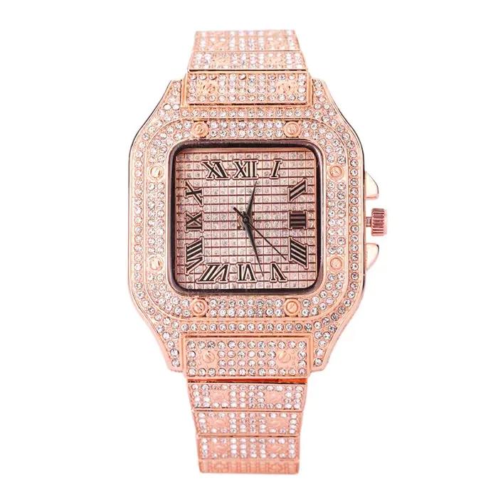 Montre à Quartz carrée entièrement en diamant pour hommes et femmes, luxueuse bracelet en acier inox