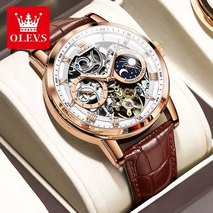 Montre automatique pour homme OLEVS 6670, design squelette, bracelet en cuir, phase lunaire, étanche