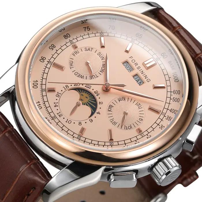 Forsining rétro montres mécaniques Phase de lune mouvement Shanghai boîtier en or Rose bracelet en c