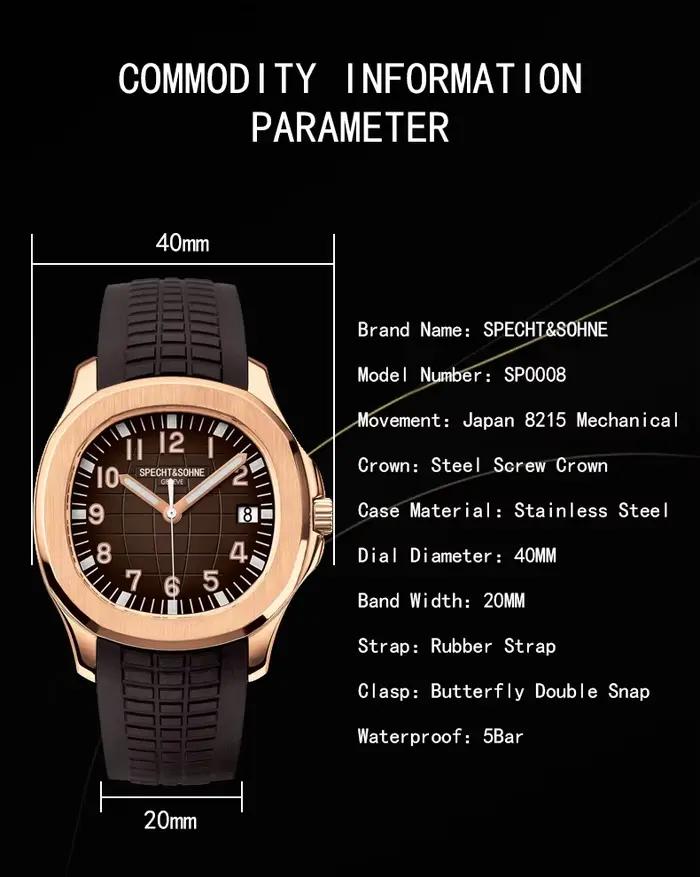 Specht & Sohne marque montres mécaniques automatiques montres de sport saphir vert lumineux 50M étan