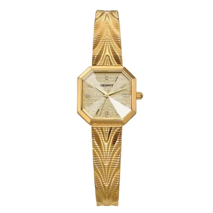 BERNY-Montre dorée octogonale pour femme, montre-bracelet à quartz pour femme, acier inoxydable, pet
