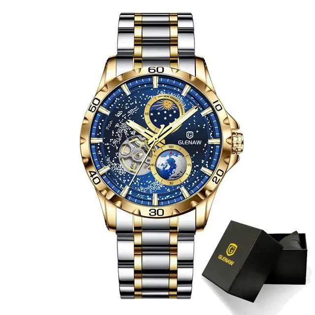 Montre-bracelet automatique mécanique GLENAW pour homme avec cadran rotatif et double aiguille des s