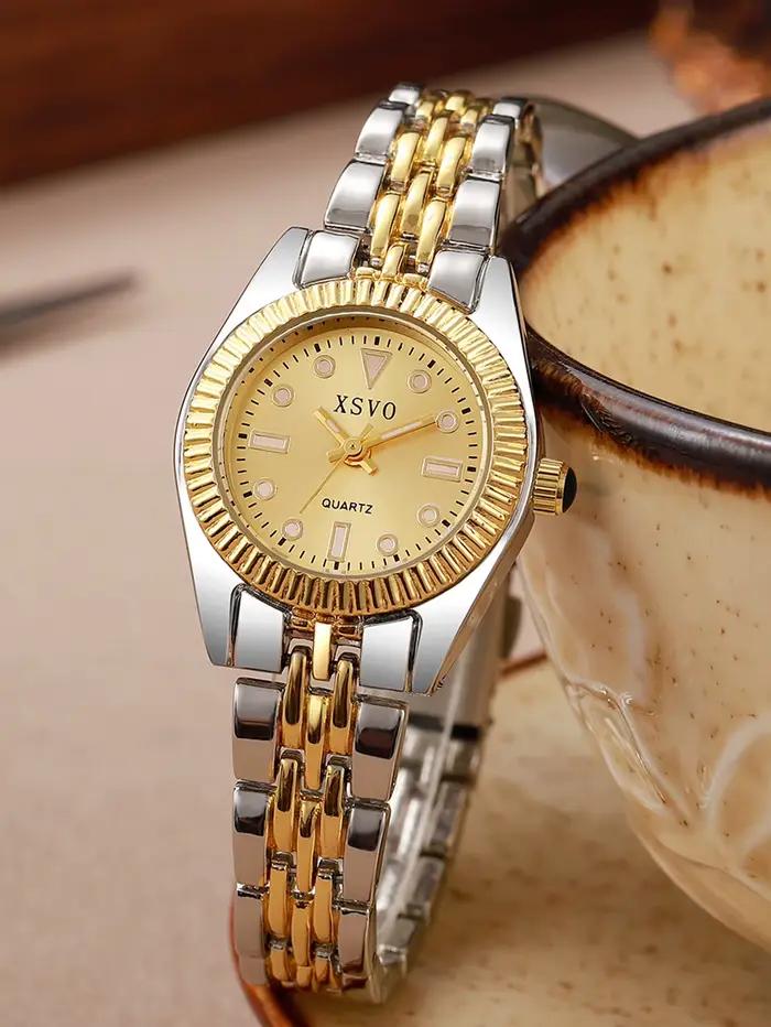 Montre de luxe bicolore pour femme, cadran à date avec lunette cannelée, bracelet en acier inoxydabl