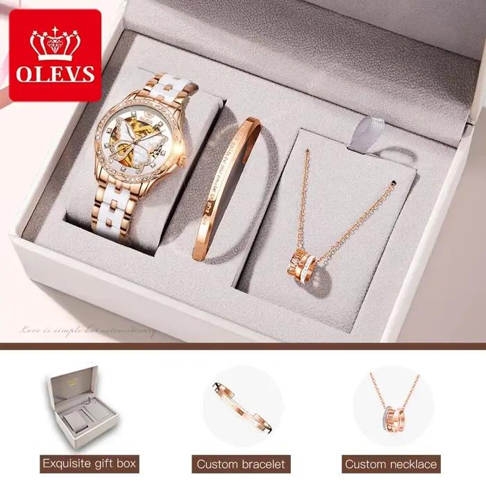OLEVS-Montres Automatiques pour Femme, Modules Seton, Bracelet en Céramique Blanche, Diamant Papillo