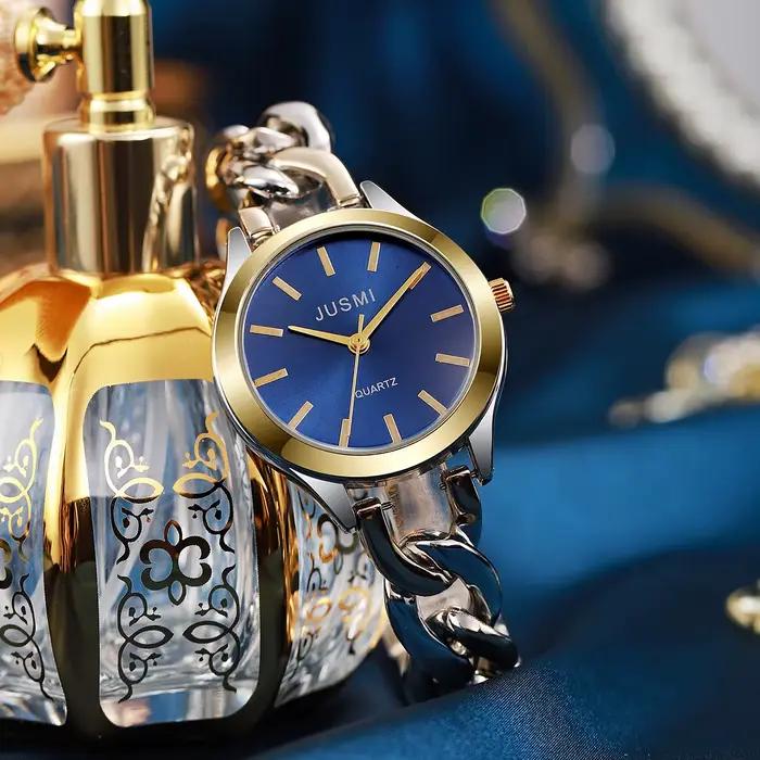 Montre de luxe bicolore pour femme, cadran bleu soleil, bracelet à maillons cubains, élégante montre