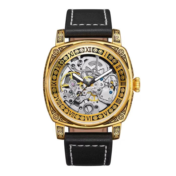 Montre mécanique automatique carrée rétro pour homme, cadran squelette gravé, lumineuse, étanche, br