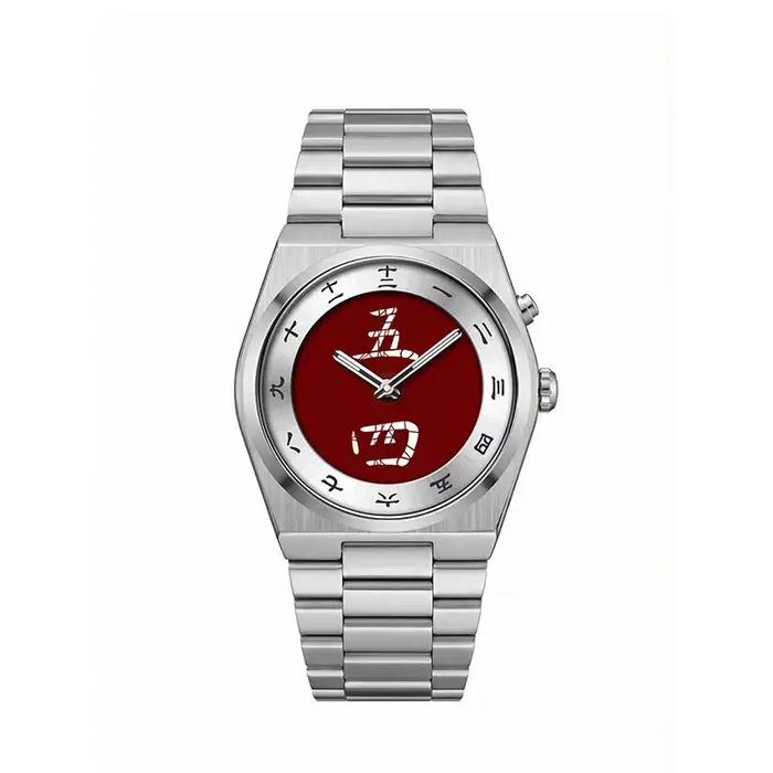 Montre pour homme avec cadran à caractères chinois, bracelet en acier inoxydable, design minimaliste