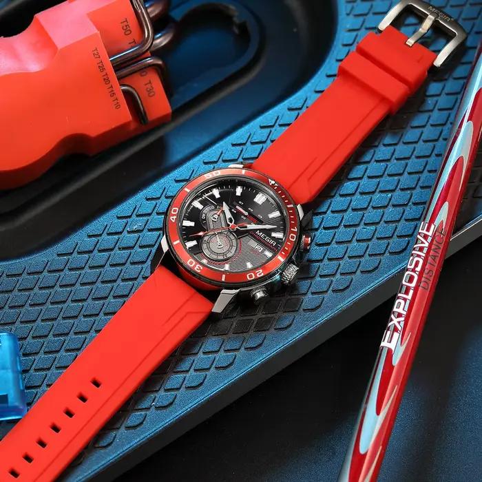 MEGIR-Montre de sport chronographe avec bracelet en silicone orange pour homme, montre-bracelet étan