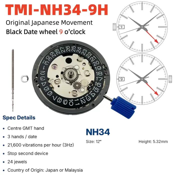 Mouvement mécanique automatique GMT NH34, dateur noir à 9 heures, haute précision, 24 rubis, NH34A 4