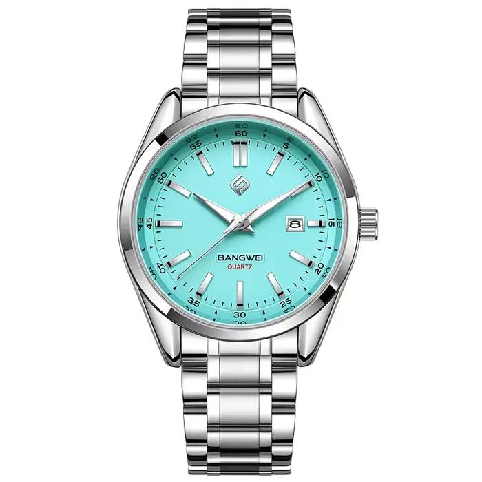 BANGWEI nouveau luxe hommes montre haut de gamme classique affaires en acier inoxydable double calen