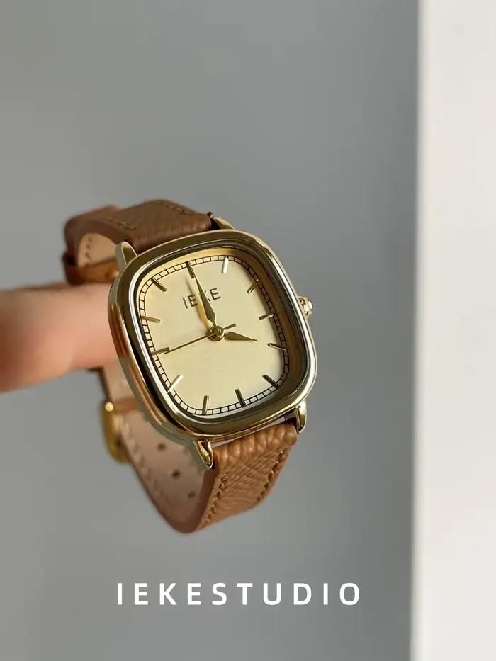 Montre-bracelet en cuir marron pour femme, horloge à quartz vintage, montres-bracelets simples pour 