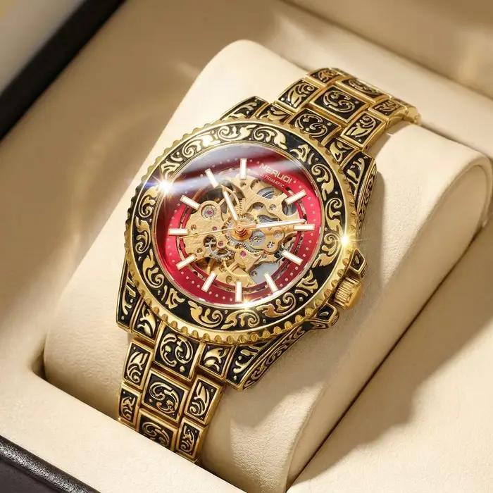 Une montre mécanique entièrement automatique de style luxueux vintage noir et rouge pour hommes avec
