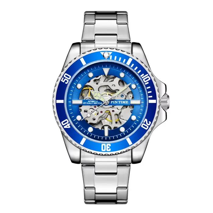 Montre mécanique squelette noire pour homme, style sport plongée, bracelet en acier inoxydable, mont