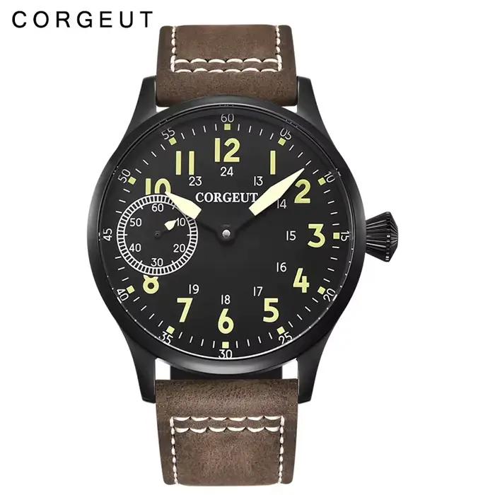 Corgeut 44mm cuir lumineux mécanique remontage manuel montre pour hommes 17 bijoux ST3600 mouette 64