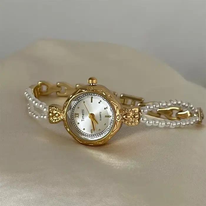 Montre à quartz plaquée or pour femmes, bracelet de luxe en perles, montre-bracelet pour dames, cade