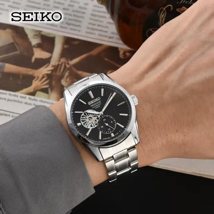 Montre mécanique Seiko, montre de couple simple et élégante à cadran ajouré, bracelet en acier inoxy
