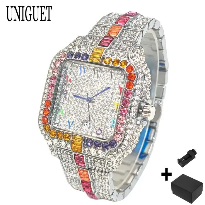 Montres UNIGUET Rainbow Diamond pour hommes, mode hip-hop, entièrement serties de diamants, bijoux b