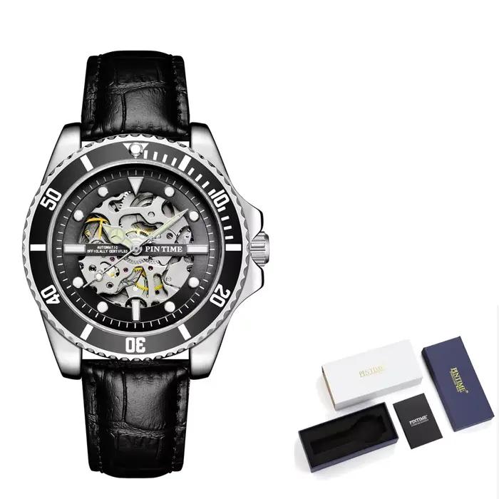 Montre mécanique automatique squelette pour homme, lunette noire de plongée, index lumineux, bracele
