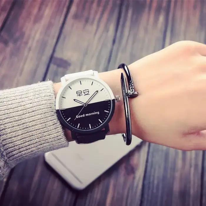 Montre à Quartz pour amoureux, bracelet à cadran en cuir, tendance, boîtier noir et blanc