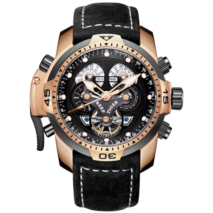 REEF TIGER-Montre de sport automatique pour homme, calendrier abaissé, or rose, cadran noir, bracele