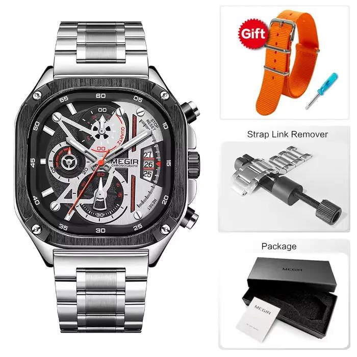 MEGIR montre à Quartz noir hommes étanche cadran carré montre-bracelet avec chronographe bracelet en