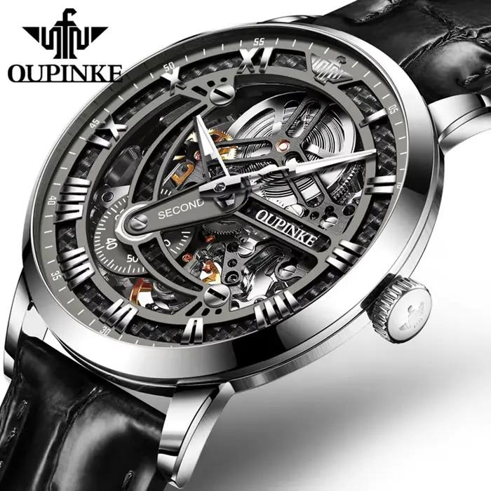 OUPINKE 3173 bracelet en cuir d'origine automatique creux mécanique montre-bracelet pour hommes chro