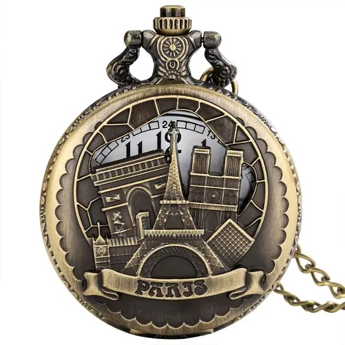 Montre de poche vintage Tour Eiffel Paris à quartz avec chaîne, pendentif rétro en bronze, souvenir 