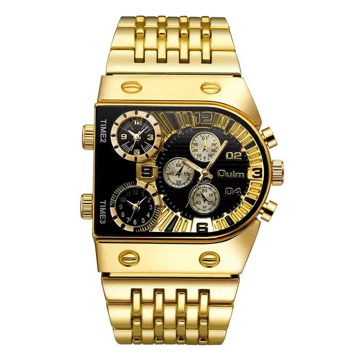 Oulm Unique hommes montre carré or Quartz montre-bracelet pour homme sport multi-fuseau horaire mili