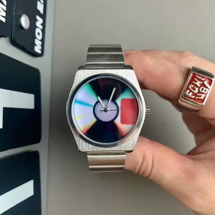 Montre tendance pour homme, cadran bleu et noir, style disque vinyle, montre-bracelet à quartz, acie