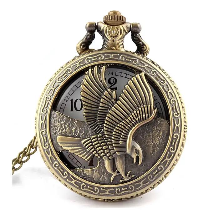 Montre de poche vintage avec gravure d’aigle, grands chiffres, chaîne, montre de poche pour couple, 