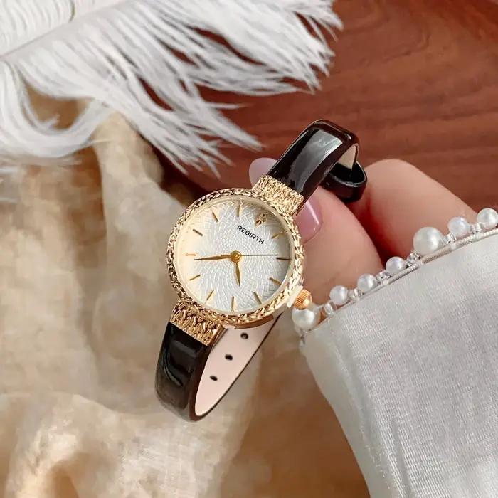 Petites montres à cadran rond pour femme, bracelet fin en cuir noir, montre à Quartz, montre-bracele