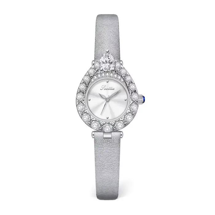 Montre vintage pour femme, cadran or champagne, décor diamant en forme de larme, bracelet en cuir dé