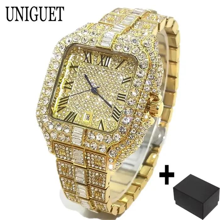 UNIGUET montre de mode pour hommes de luxe Rose carré glacé montre à Quartz homme Hip Hop plein diam