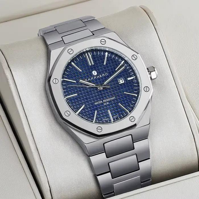 SAPPHERO montre pour hommes, bracelet en acier inoxydable, conception résistante à l'eau, calendrier