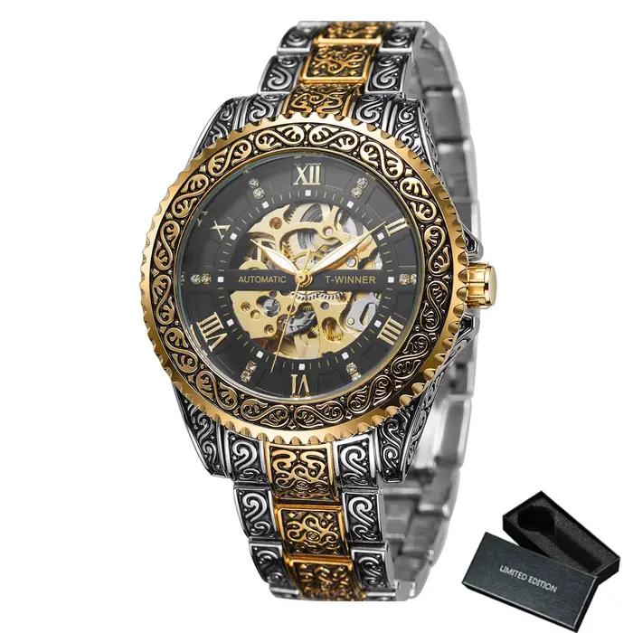 WINNER Montre mécanique squelette rétro royale pour homme, lunette rotative, aiguilles lumineuses, b
