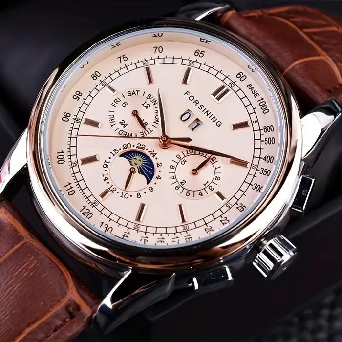 Montre mécanique rétro Forsining, phases de lune, mouvement Shanghai, boîtier en or rose, bracelet e